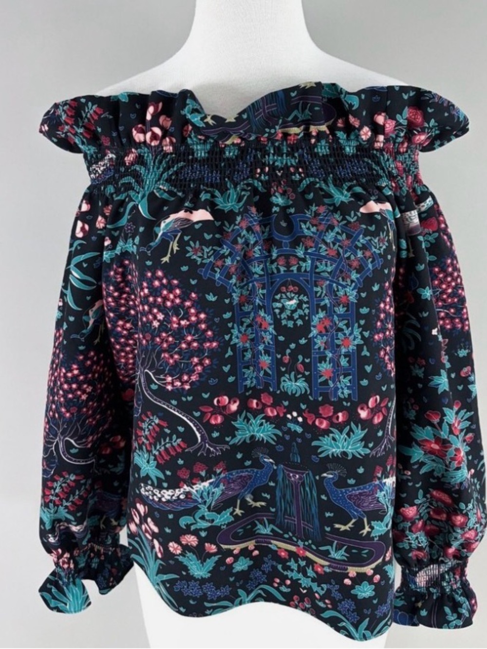 Tuckernuck Smocked Off Shoulder Floral Blouse Women’s S Peasant Puff Sleeve